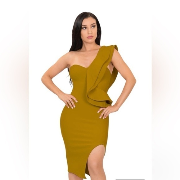 NEW-Women's One Shoulder Flounce Side Split Bandage Fashion Dress - Picture 1 of 14
